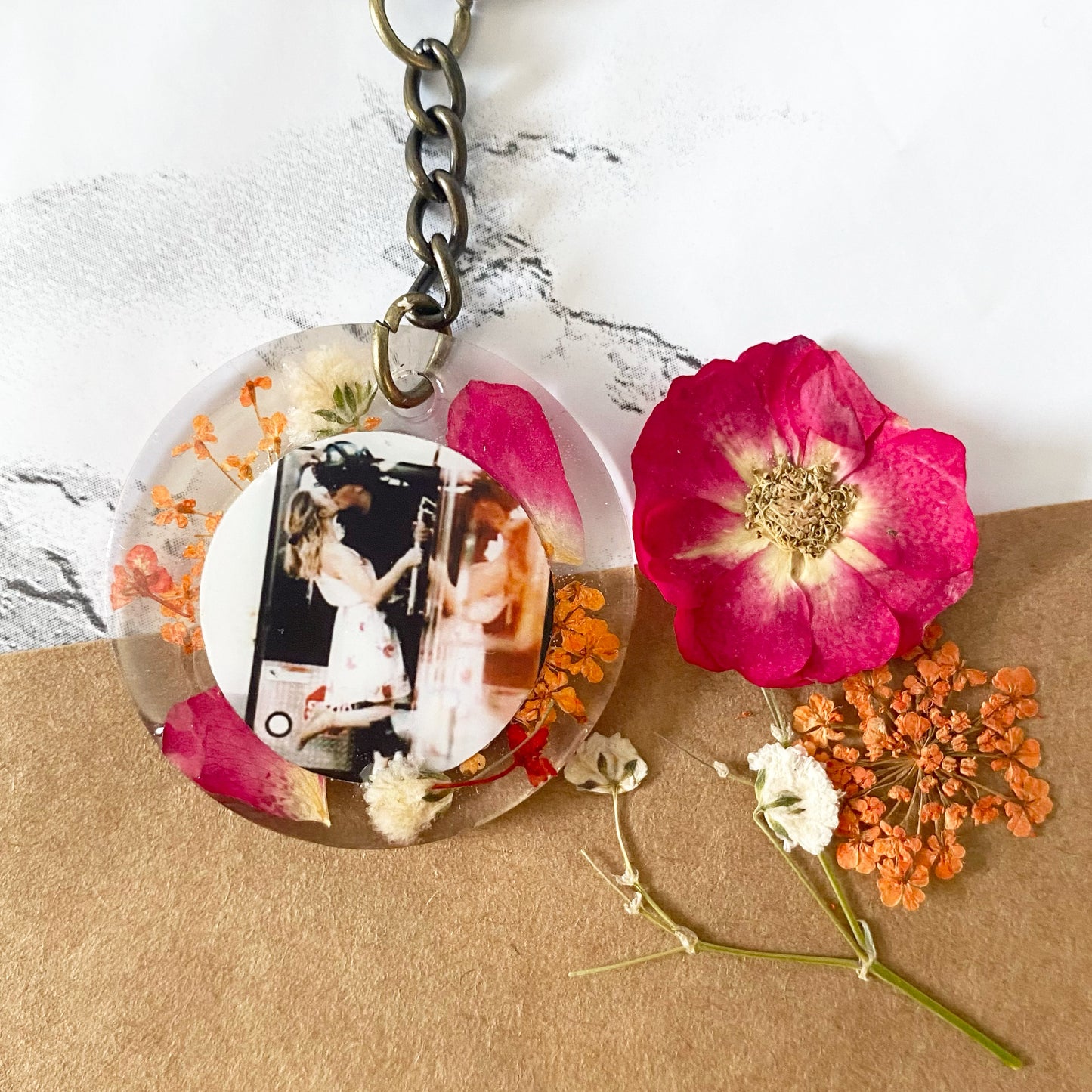 Custom Pressed Flower Photo Keychain