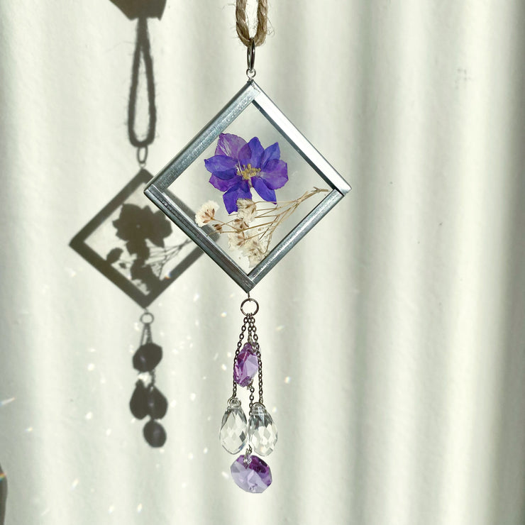 Purple car decor. Handmade pressed flower sun catcher with hanging crystals for car window